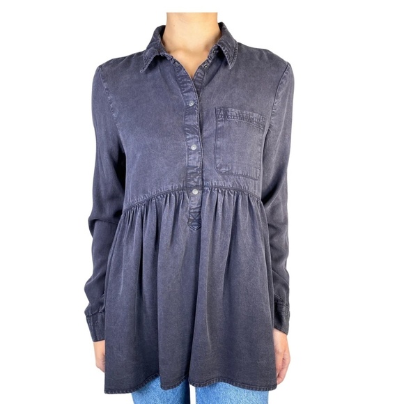 DC Jeans Blouse Half button down Navy Blue Lyocell Empire waist 2X Oversized - Picture 1 of 8
